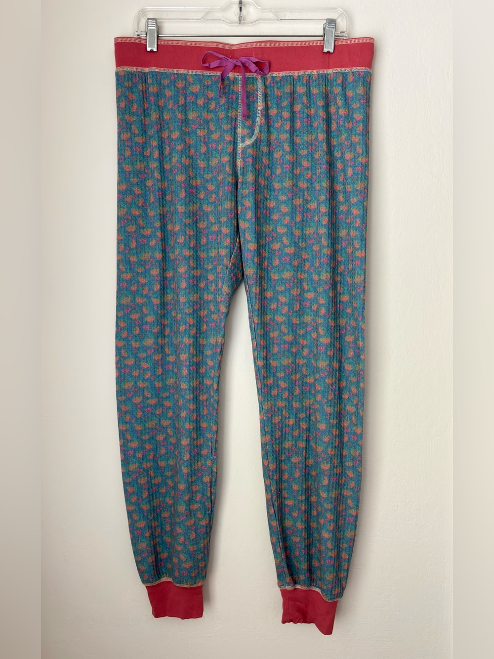 Natural Life Waffle Long Johns Size Large Blue Ditsy Floral Loungewear Comfy
